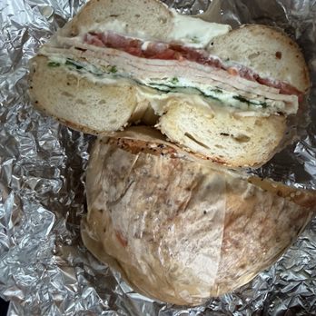Liberty Bagels - Toasted "Powerhouse Sandwich" with everything bagel and scallion spread - Bagels Near Me - New York, New York Liberty Bagels - Toasted "Powerhouse Sandwich" with everything bagel and scallion spread - Bagels Near Me - New York, New York