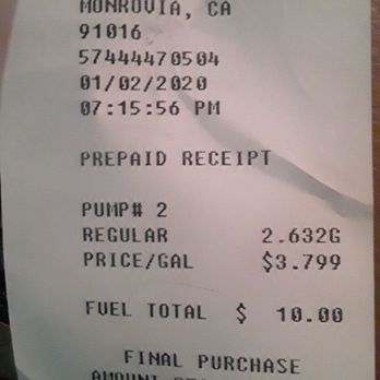 Shell Gas Station - Receipt... I paid with 20$ Need my change! - Gas Stations Near Me - Monrovia, California