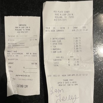 The Red Plate Diner - The receipt where I paid for nothing I was able to eat. - Burgers Near Me - Midland, Texas