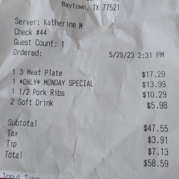 King's Barbeque - receipt for king's bbq - Barbeque Near Me - Baytown, Texas
