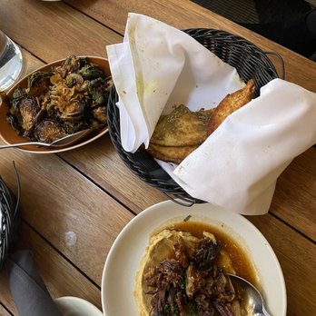 Aba - Roasted short rib hummus, roasted Brussels sprouts and pita bread - Mediterranean Near Me - Austin, Texas
