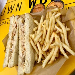 Currywurst Frankfurt - Chicken Gyro Sandwich with fries. Fire mayo and honey mustard on the side.