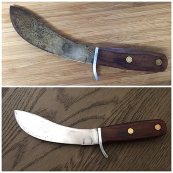 Veiga Knife Sales & Sharpening - Top is before and bottom is after - This is a knife I got from my Grandfather many years ago. Viega did an awesome job restoring - Knife Sharpening Near Me - Dallas, Texas Veiga Knife Sales & Sharpening - Top is before and bottom is after - This is a knife I got from my Grandfather many years ago. Viega did an awesome job restoring - Knife Sharpening Near Me - Dallas, Texas