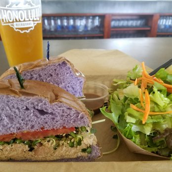 Honolulu Beerworks - Salmon salad sandwich with side salad as chip substitute. Dressing on the side. - Brewpubs Near Me - Honolulu, Hawaii