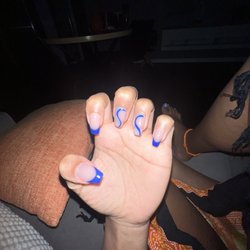TW Nails & Hair salon - Light acrylic Short coffin shape with blue tips & designs
