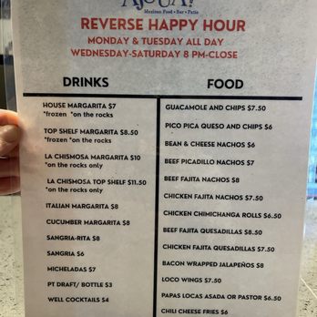 Ajuua Mexican Grill - This is the reverse Happy Hour menu as well as the regular weekly Happy Hour daily specials. - Mexican Near Me - San Antonio, Texas Ajuua Mexican Grill - This is the reverse Happy Hour menu as well as the regular weekly Happy Hour daily specials. - Mexican Near Me - San Antonio, Texas