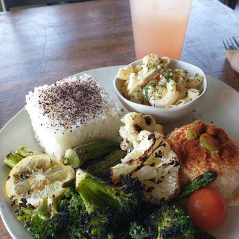 Sa-Tén - Canopy - Lunch / Dinner plate with grilled veggies, rice, macaroni salad, and potato salad with watermelon basil yuzu lemonade - Japanese Near Me - Austin, Texas