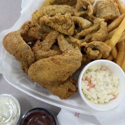 Catfish nuggets, perch, chicken wings, fries, coleslaw and sauces