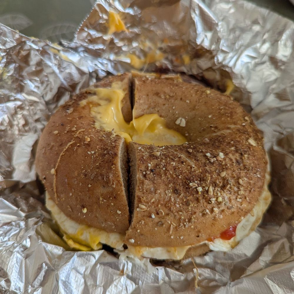 Pork roll egg and cheese on a multigrain bagel Pork roll egg and cheese on a multigrain bagel