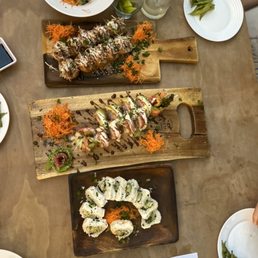 Edamame and three different sushi rolls