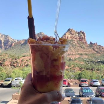 La Michoacana Dulce Passion - Enjoying a mangonada, looking out at the views from the deck outside - Desserts Near Me - Sedona, Arizona
