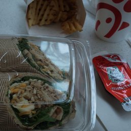 Chicken wrap,  waffle fries and tea