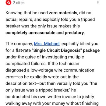 Mrs. Michael - I asked Google if I was overcharged since no material was used and only the breaker was kicked off. Even Google says I got ripped off lol - Plumbing Near Me - Howell, Michigan