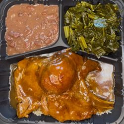 Fatsoz Kitchen - Smothered pork chops, red beans and rice, and greens