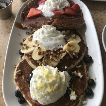 Another Broken Egg Cafe - Pancake Flight Trio (Ipanema, Bananas Foster & Lemon-Blueberry Goat cheese). Best pancakes EVER! - Breakfast & Brunch Near Me - Delray Beach, Florida