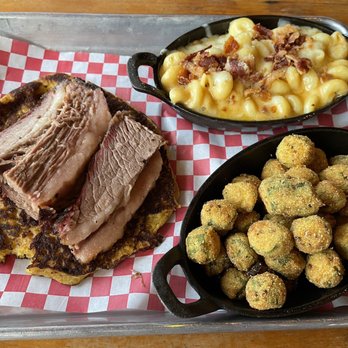 The Row - Brisket with Bacon Mac & Cheese and Fried Okra - Southern Near Me - Nashville, Tennessee The Row - Brisket with Bacon Mac & Cheese and Fried Okra - Southern Near Me - Nashville, Tennessee
