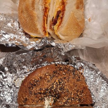 Long Island Bagel Cafe - Bacon, egg & cheese sandwich and whole wheat everything flagel with scallion cream cheese - Bagels Near Me - Mineola, New York Long Island Bagel Cafe - Bacon, egg & cheese sandwich and whole wheat everything flagel with scallion cream cheese - Bagels Near Me - Mineola, New York