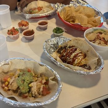 Fuego Tortilla Grill - The Mango Tango taco (left), the Dr Pepper Cowboy (center), and my mom got the Sweet Caroline taco (in the back) - Tex-Mex Near Me - San Marcos, Texas