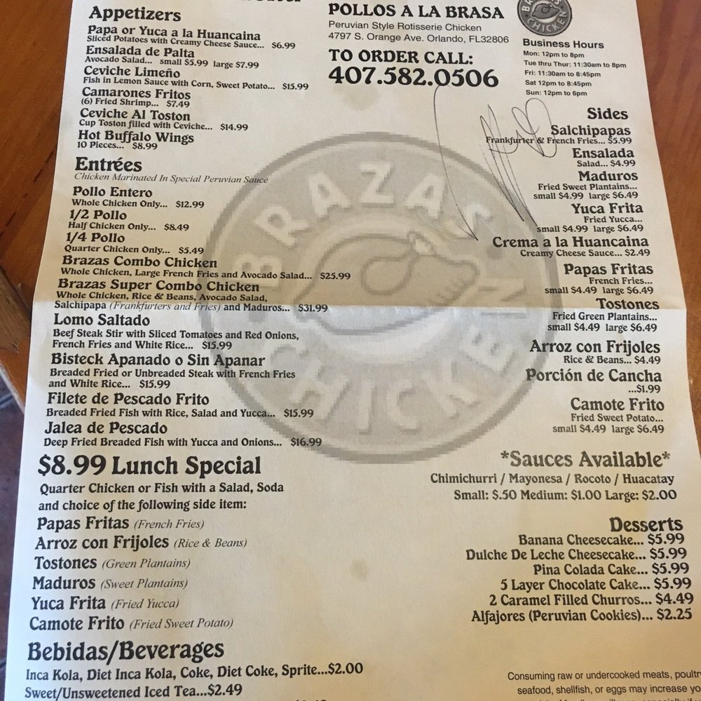 Brazas Chicken - Menu - Latin American Near Me - Orlando, Florida Brazas Chicken - Menu - Latin American Near Me - Orlando, Florida