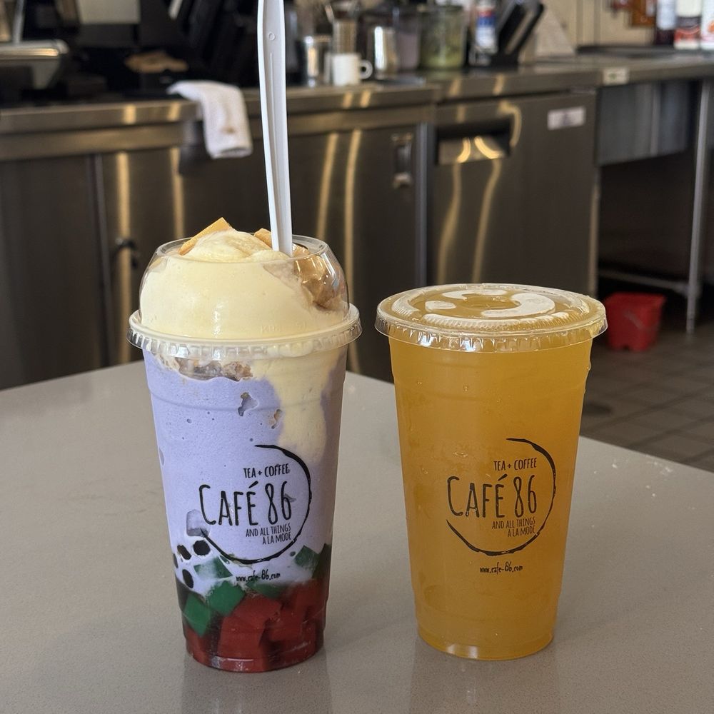 Cafe 86 - Upside Down Halo Halo (left), Peach Mango Green Tea (right) - Desserts Near Me - Tustin, California Cafe 86 - Upside Down Halo Halo (left), Peach Mango Green Tea (right) - Desserts Near Me - Tustin, California
