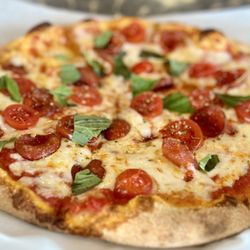 Firehouse Pizza Wood Fired - Margarita pizza, plus add "cupped" pepperoni and tiny tomatoes. Still My favorite here. Always perfect & delicious.