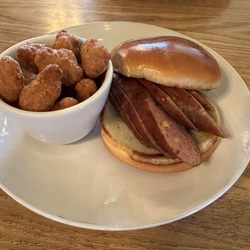 Main Street Barbecue - Jalapeño sausage sandwich and corn fritters