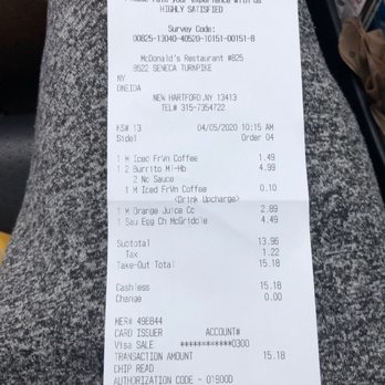 McDonald's - Receipt from terrible service - Fast Food Near Me - New Hartford, New York McDonald's - Receipt from terrible service - Fast Food Near Me - New Hartford, New York