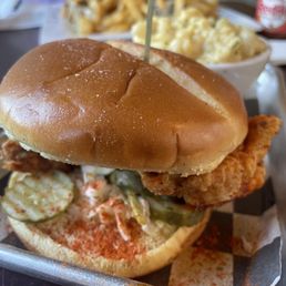 Nashville hot chicken burger with side of Mac and cheese Nashville hot chicken burger with side of Mac and cheese