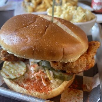 Obed & Isaac's Microbrewery and Eatery - Nashville hot chicken burger with side of Mac and cheese - American Near Me - Springfield, Illinois