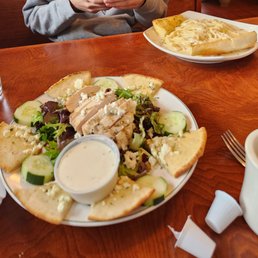 Greek salad with grilled chicken added, chicken fettuccine Alfredo with chicken. Greek salad with grilled chicken added, chicken fettuccine Alfredo with chicken.