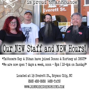 Donno's Higher Ground Tattoo - From left to right, Kortney (piercer), Ethan, Key, and Donno. - Tattoo Near Me - Bryson City, North Carolina Donno's Higher Ground Tattoo - From left to right, Kortney (piercer), Ethan, Key, and Donno. - Tattoo Near Me - Bryson City, North Carolina
