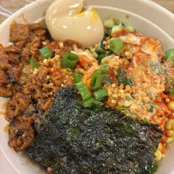 SeoulSpice - spicy pork and bulgogi bowl, with gojuchang and sesamiso sauces - Korean Near Me - Chicago, Illinois