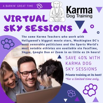 Karma Dog Training - Virtual Sky Sessions. Save 40% with Karma dog Sky session - Pet Training Near Me - San Antonio, Texas Karma Dog Training - Virtual Sky Sessions. Save 40% with Karma dog Sky session - Pet Training Near Me - San Antonio, Texas