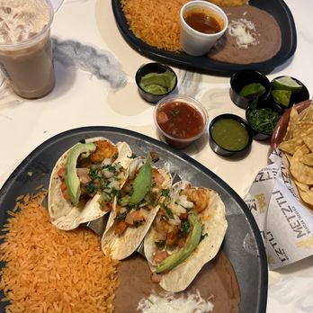 Metztli Mexican Taqueria - 3 shrimp tacos and birria tacos paired either rice and beans. - Mexican Near Me - Meridian, Idaho