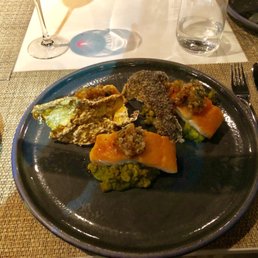 Seared salmon, chickpea stew w/ shrimp and salmon skin chicharon Seared salmon, chickpea stew w/ shrimp and salmon skin chicharon