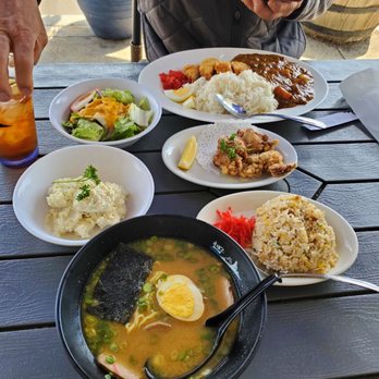 Eboshi Ramen Bar - Eboshi mini trio with miso ramen, fried rice and karaage. Potato Salad Eboshi curry rice with tonkatsu - Noodles Near Me - Lomita, California