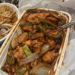 China Kitchen - Supposed to be "Mongolian chicken" but it was a more red sauce with random veggies