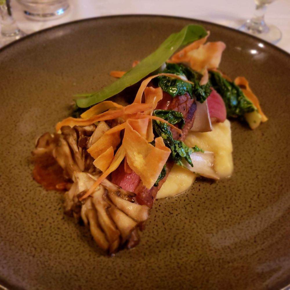 Dolce - Pan Seared Duck Breast with parsnip, mushroom, bok choy, faro, spiced dates, cashews - New American Near Me - Omaha, Nebraska Dolce - Pan Seared Duck Breast with parsnip, mushroom, bok choy, faro, spiced dates, cashews - New American Near Me - Omaha, Nebraska