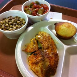 Grilled catfish + black eyed peas + okra and tomatoes + cornbread