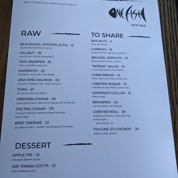 One Fish Raw Bar - Menu of the day - Seafood Near Me - Campbell, California