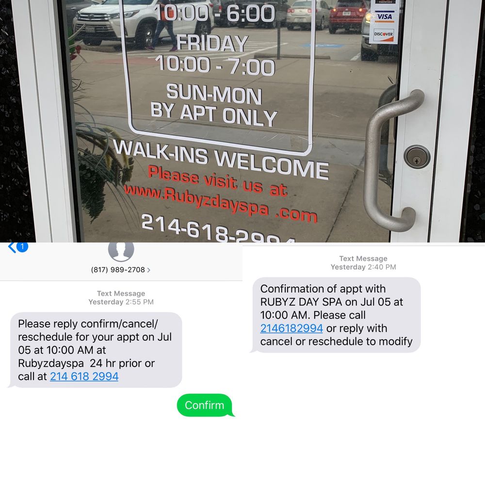 Rubyz Day Spa - Proof of scheduled appointment and hours. But business no-showed. - Skin Care Near Me - Frisco, Texas Rubyz Day Spa - Proof of scheduled appointment and hours. But business no-showed. - Skin Care Near Me - Frisco, Texas