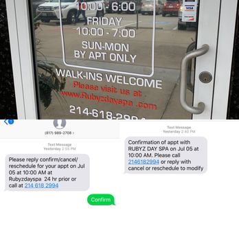 Rubyz Day Spa - Proof of scheduled appointment and hours. But business no-showed. - Skin Care Near Me - Frisco, Texas Rubyz Day Spa - Proof of scheduled appointment and hours. But business no-showed. - Skin Care Near Me - Frisco, Texas