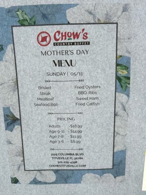 Menu photo 1 Chow's Country Buffet Titusville, FL