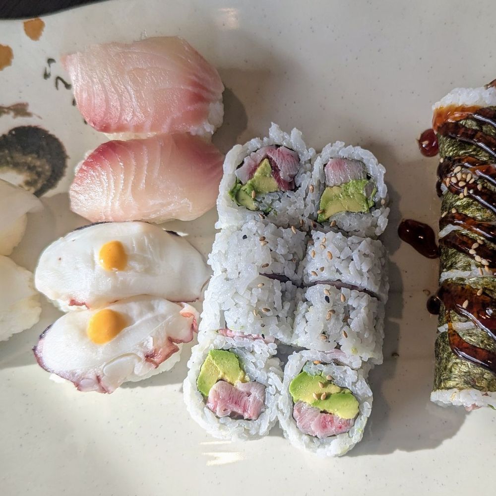 Daiki Sushi - Squid, red snapper, octopus, yellowtail + avo, threesome roll - Japanese Near Me - San Mateo, California Daiki Sushi - Squid, red snapper, octopus, yellowtail + avo, threesome roll - Japanese Near Me - San Mateo, California