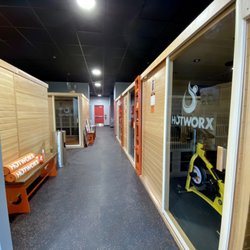 A view of our sauna area. Our HIIT saunas are on the right, and the isometric saunas are on the left.