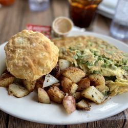 The Buttered Biscuit - Asparagus cheese omelette with home fries and a biscuit