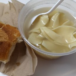 Lunch portion of soup for $7 comes with bread and banana or apple. This is supposed to be chicken noodle soup by the way... Lunch portion of soup for $7 comes with bread and banana or apple. This is supposed to be chicken noodle soup by the way...