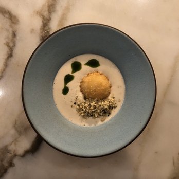 Kochi - Course 1: Tarak-juk (pine nut and potato milk soup, corn fritter) - Korean Near Me - New York, New York Kochi - Course 1: Tarak-juk (pine nut and potato milk soup, corn fritter) - Korean Near Me - New York, New York