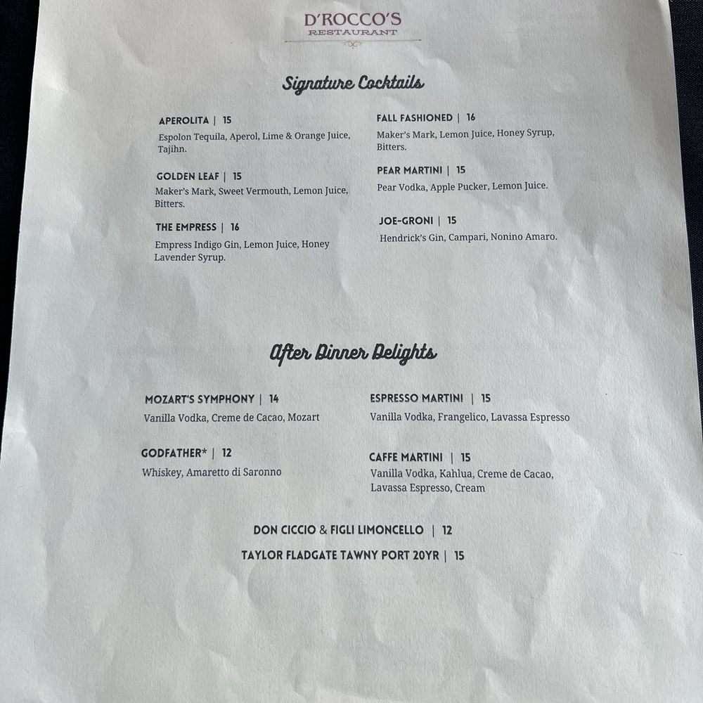 DRoccos Restaurant - Cocktail menu - Italian Near Me - Occoquan, Virginia