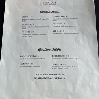 DRoccos Restaurant - Cocktail menu - Italian Near Me - Occoquan, Virginia